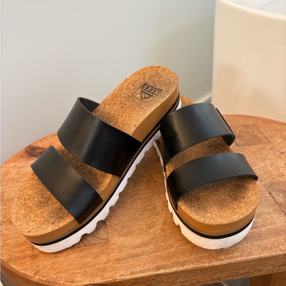 Reef Black Slide Sandals with White Sole